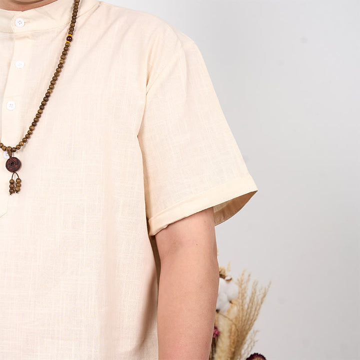 Buddha Stones Men's Plain Color Short Sleeve Half Button Cotton Linen Shirt - image 1