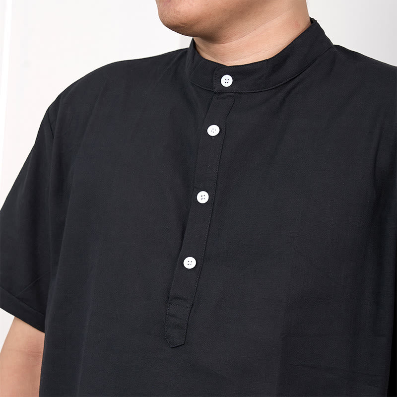 Buddha Stones Men's Plain Color Short Sleeve Half Button Cotton Linen Shirt - image 4