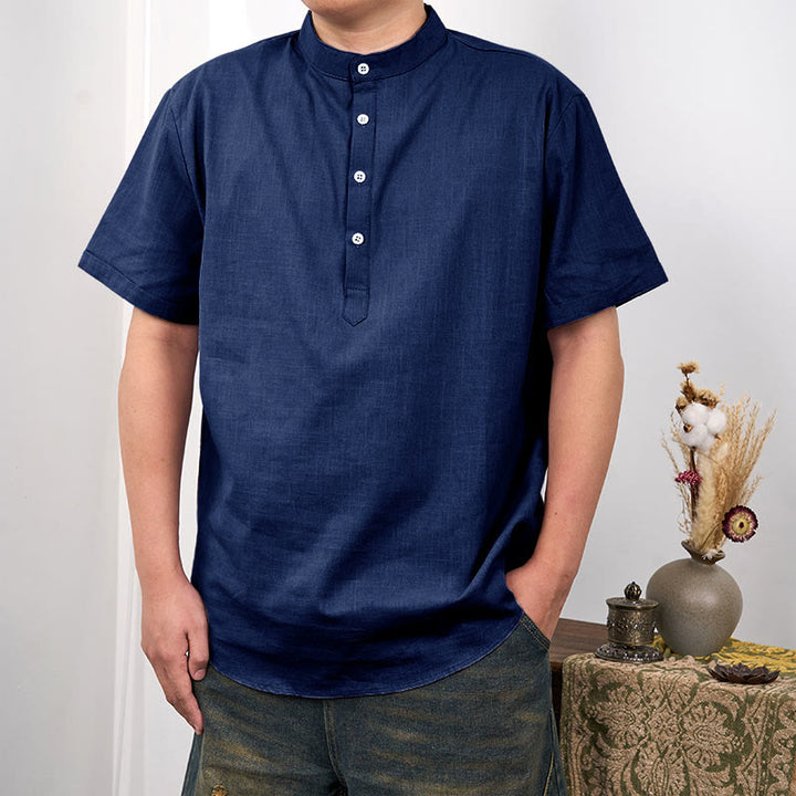 Buddha Stones Men's Plain Color Short Sleeve Half Button Cotton Linen Shirt - Blue - US/UK/AU44，EU54 (3XL) - image 12