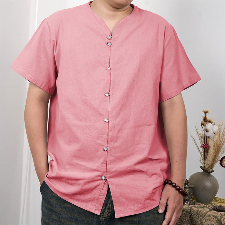 Buddha Stones Men's Short Sleeve Button Down Cotton Linen Shirt - Pink - US/UK/AU44，EU54 (3XL) - image 8