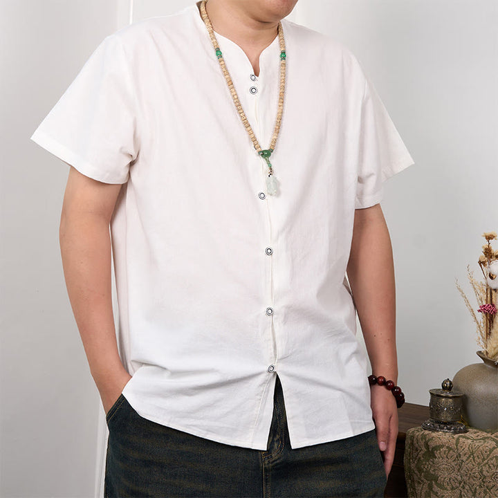Buddha Stones Men's Short Sleeve Button Down Cotton Linen Shirt - White - US/UK/AU44，EU54 (3XL) - image 0