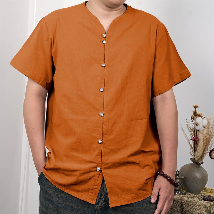 Buddha Stones Men's Short Sleeve Button Down Cotton Linen Shirt - DarkOrange - US/UK/AU44，EU54 (3XL) - image 2