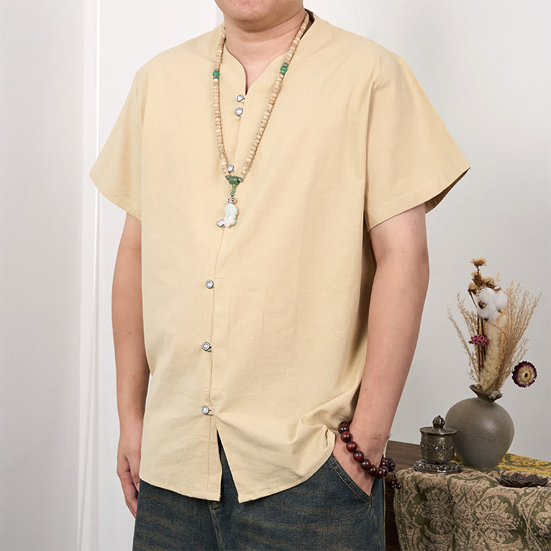 Buddha Stones Men's Short Sleeve Button Down Cotton Linen Shirt - Bisque - US/UK/AU44，EU54 (3XL) - image 12