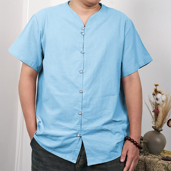 Buddha Stones Men's Short Sleeve Button Down Cotton Linen Shirt - LightSkyBlue - US/UK/AU44，EU54 (3XL) - image 3