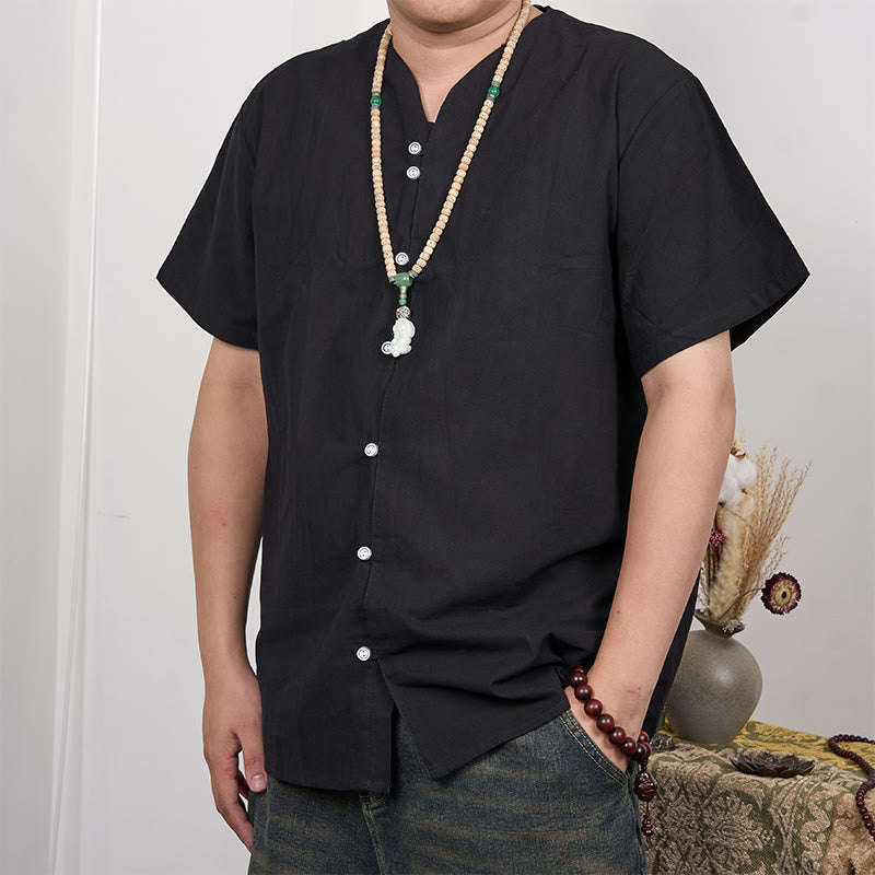 Buddha Stones Men's Short Sleeve Button Down Cotton Linen Shirt - Black - US/UK/AU44，EU54 (3XL) - image 5