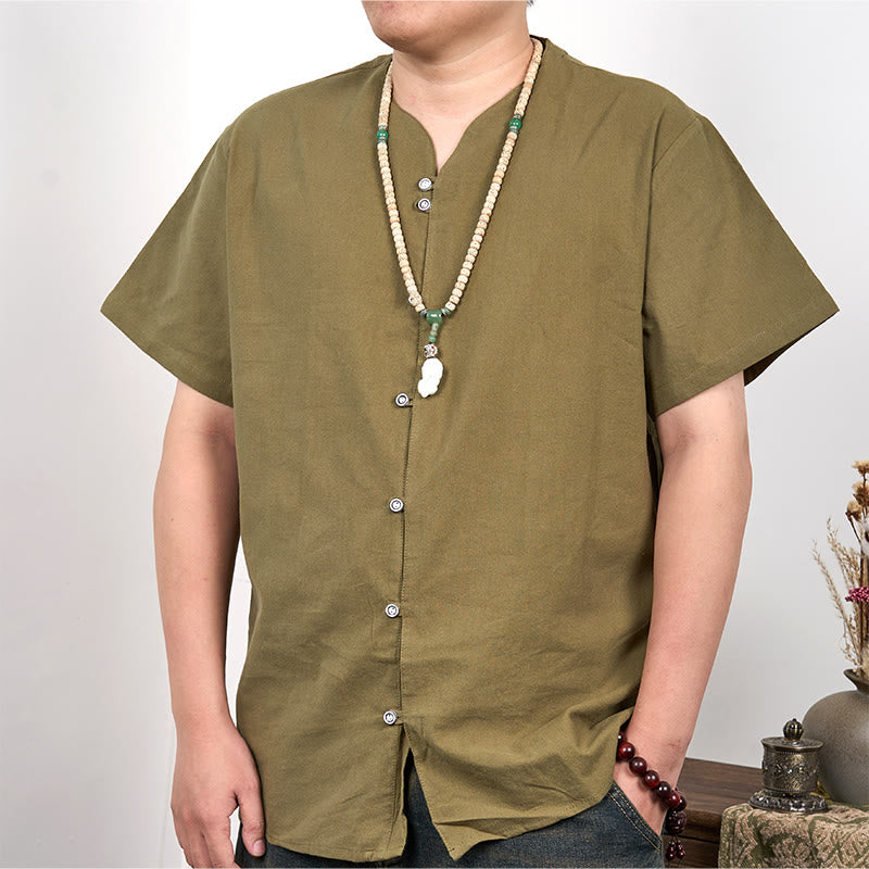 Buddha Stones Men's Short Sleeve Button Down Cotton Linen Shirt - OliveDrab - US/UK/AU44，EU54 (3XL) - image 9