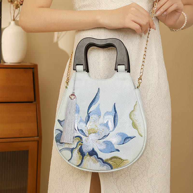 Buddha Stones Lotus Embroidery Handbag Crossbody Bag - Lotus Light Green 23*7*23cm - image 7