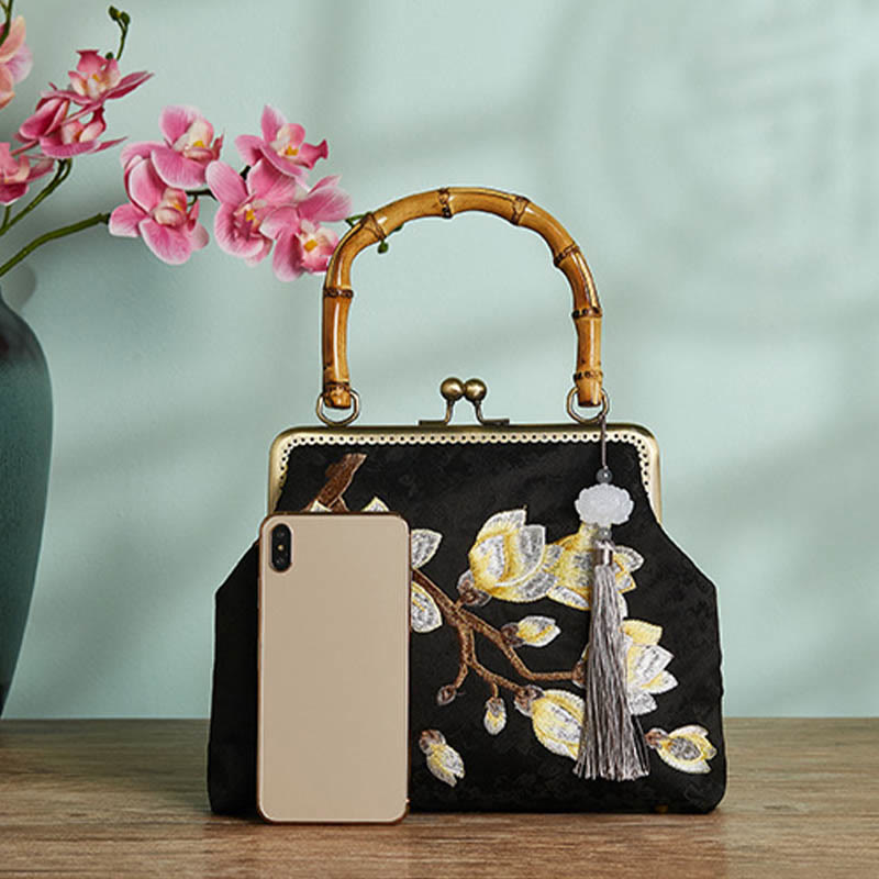 Buddha Stones Plum Blossom Embroidery Bamboo Handle Handbag Crossbody Bag - image 2