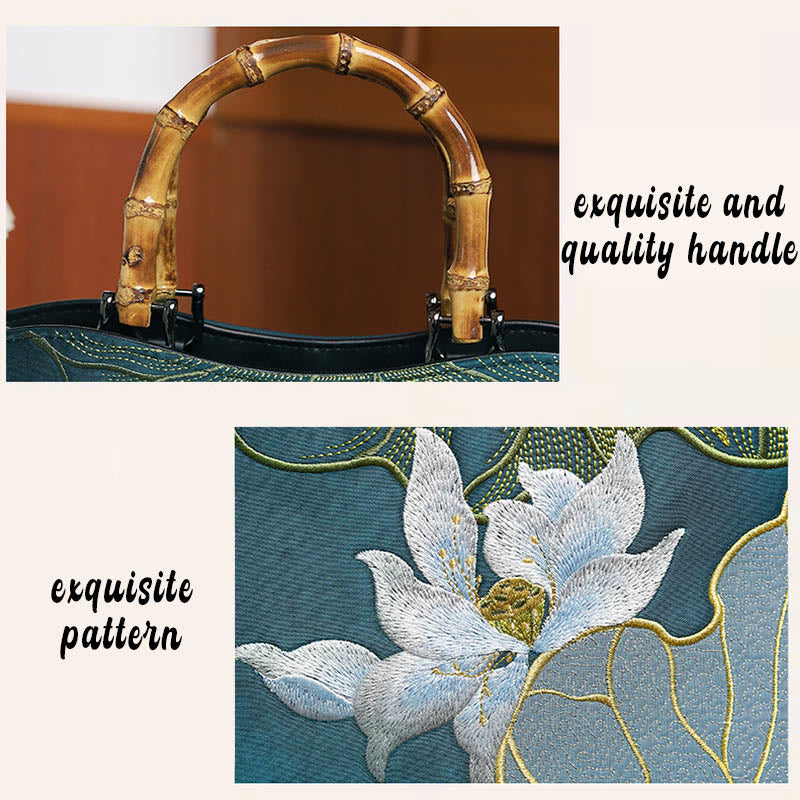 Buddha Stones Lotus Embroidery Bamboo Handle Handbag  - image 6