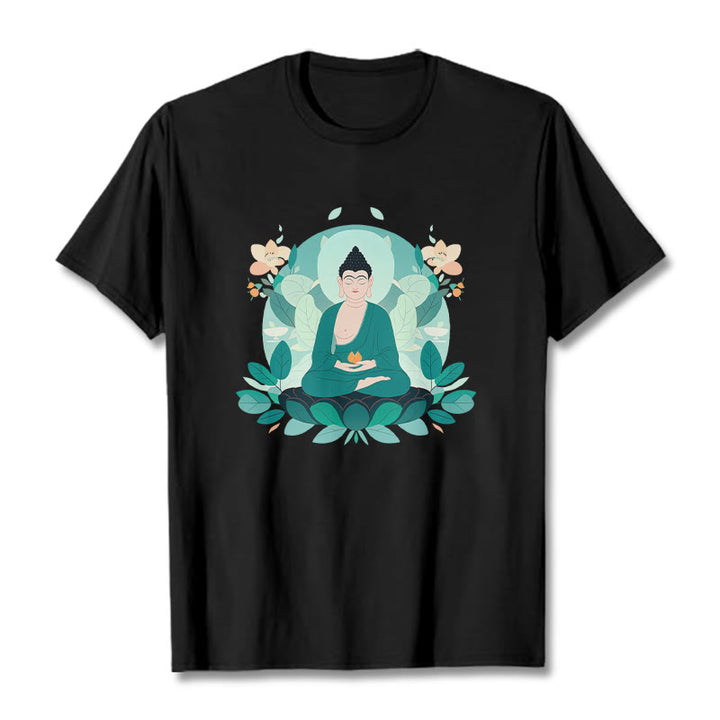 Buddha Stones Close Eyes Green Leaf Buddha Tee T-shirt - Black - 2XL - image 5