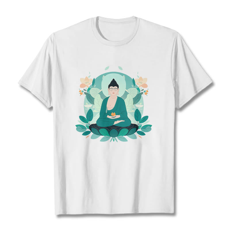Buddha Stones Close Eyes Green Leaf Buddha Tee T-shirt - White - 2XL - image 2