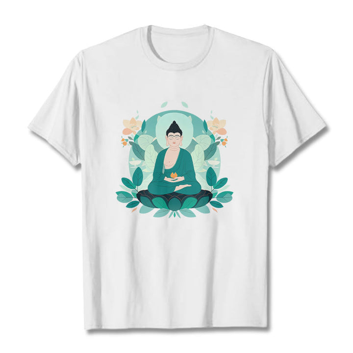 Buddha Stones Close Eyes Green Leaf Buddha Tee T-shirt - White - 2XL - image 2