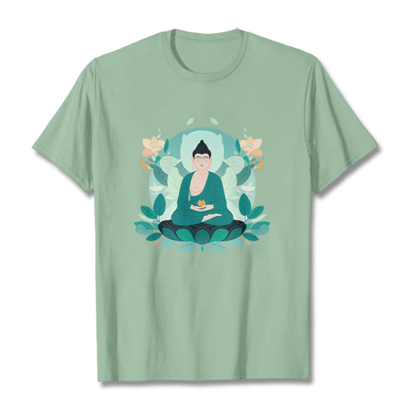 Buddha Stones Close Eyes Green Leaf Buddha Tee T-shirt - PaleGreen - 2XL - image 0