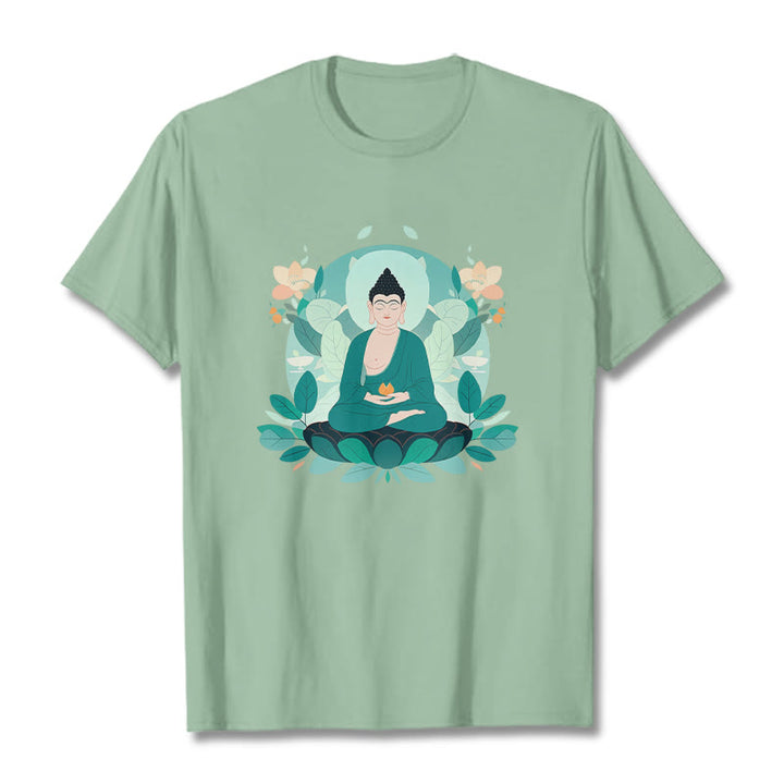 Buddha Stones Close Eyes Green Leaf Buddha Tee T-shirt - PaleGreen - 2XL - image 0
