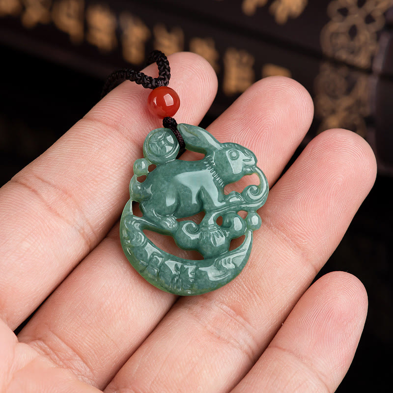 Year of the Rabbit Jade Luck Crescent Mooon Necklace Pendant - image 3