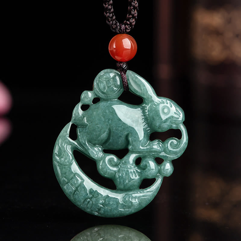 Year of the Rabbit Jade Luck Crescent Mooon Necklace Pendant - image 1