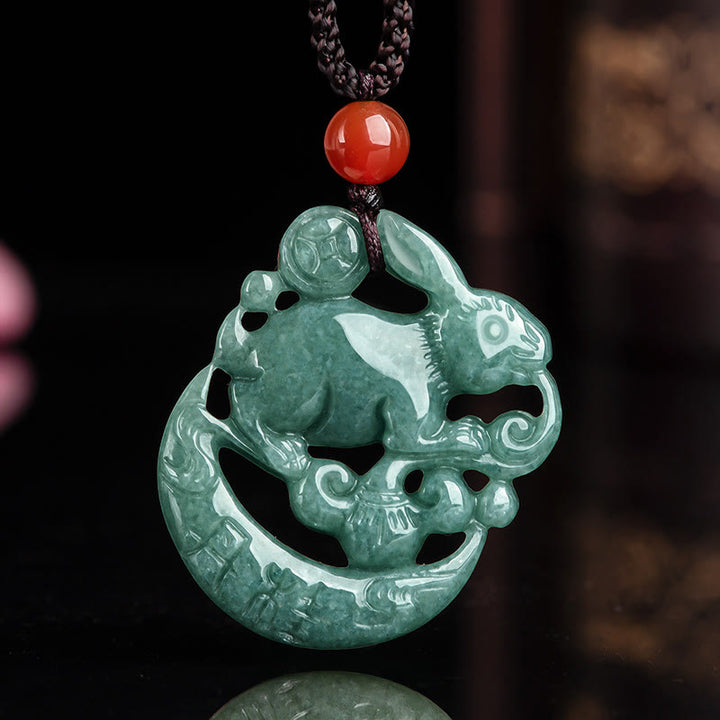Year of the Rabbit Jade Luck Crescent Mooon Necklace Pendant - image 1