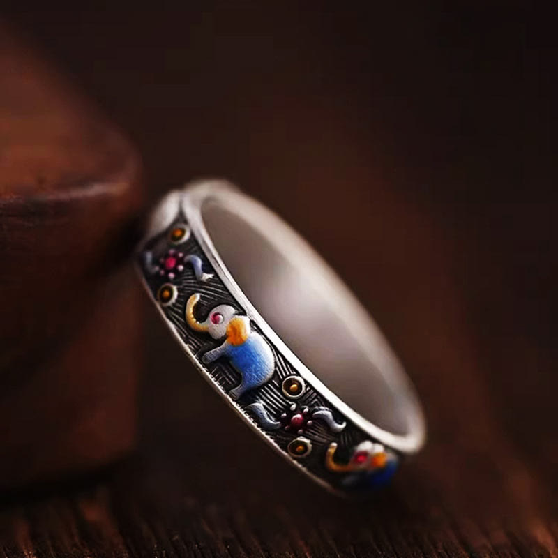 Buddha Stones Colorful Elephant Carved Strength Adjustable Ring - Elephant Ring(Adjustable) - image 0