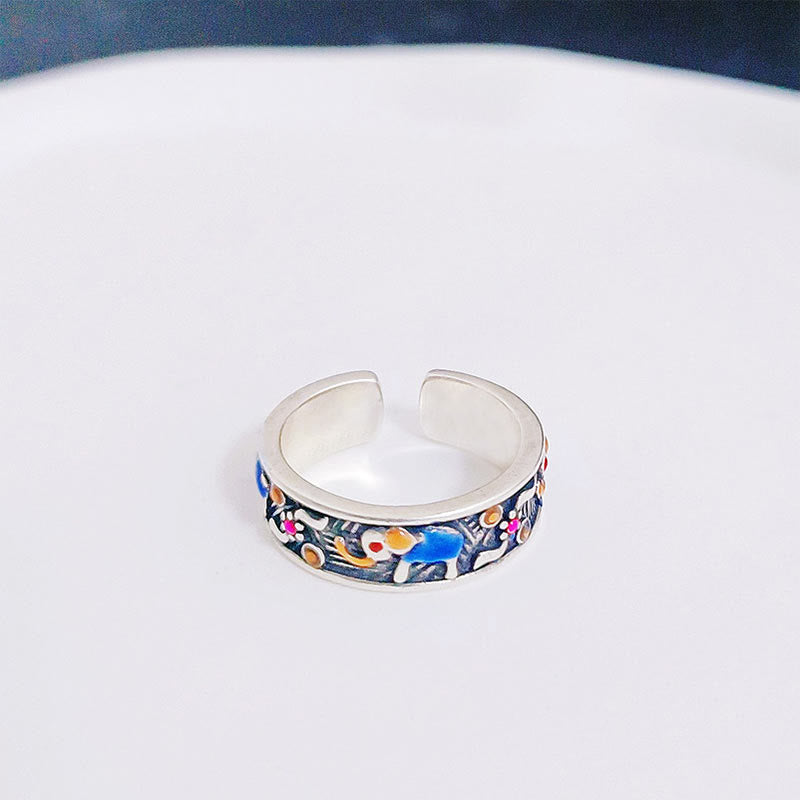 Buddha Stones Colorful Elephant Carved Strength Adjustable Ring - image 2