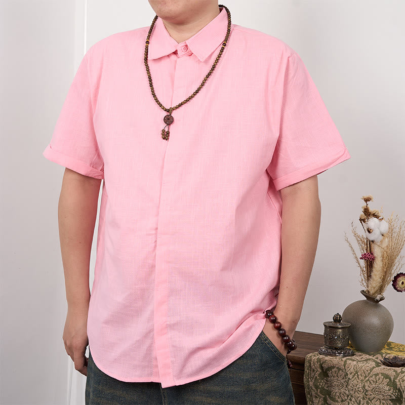 Buddha Stones Men's Short Sleeve Button Casual Cotton Linen Shirt - Pink - US/UK/AU44，EU54 (3XL) - image 9