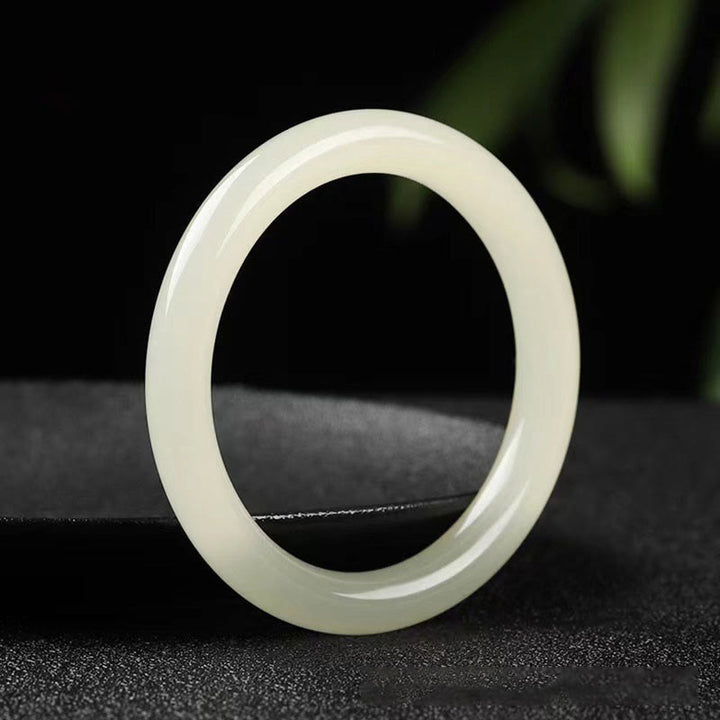 Buddha Stones Natural White Green Jade Luck Prosperity Bracelet Bangle - White Green Jade - 62mm - image 0