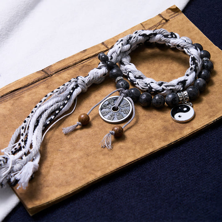 Buddha Stones Black Glitter Stone Cat's Eye Yin Yang Mountain Ghosts Spend Money Power Double Layer Rope Bracelet - Black Glitter Stone(Wrist Circumference 14-18cm) - image 6