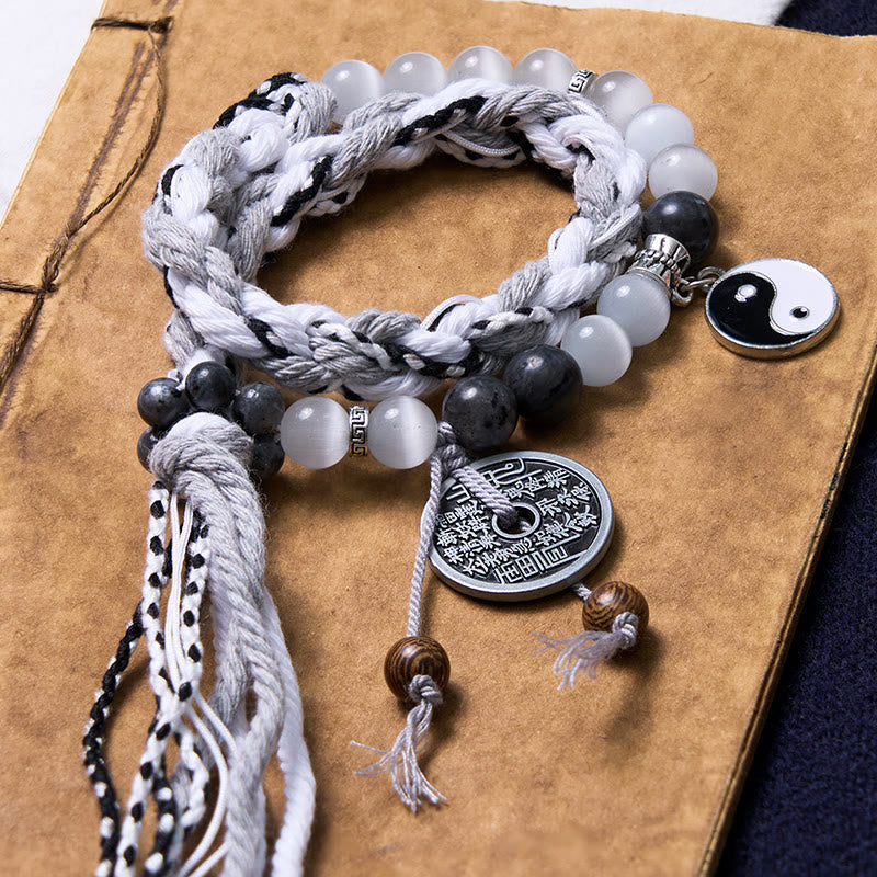 Buddha Stones Black Glitter Stone Cat's Eye Yin Yang Mountain Ghosts Spend Money Power Double Layer Rope Bracelet - Cat's Eye+Black Glitter Stone(Wrist Circumference 14-18cm) - image 0