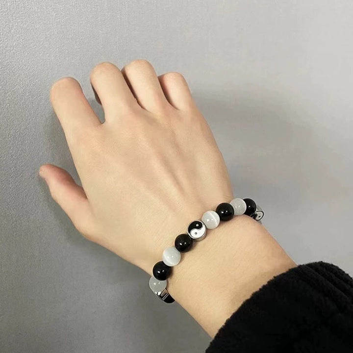 Buddha Stones Black Obsidian Cat's Eye Yin Yang Purification Strength Bracelet - image 5