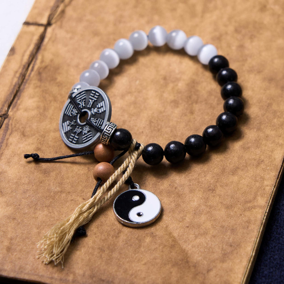 Buddha Stones Cat's Eye Ebony Wood Yin Yang Bagua Coin Support Rope Bracelet - Cat's Eye Ebony Wood(Wrist Circumference 14-16cm) - image 0