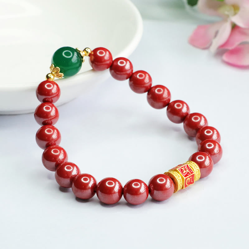 Buddha Stones Natural Cinnabar Green Agate Om Mani Padme Hum Pattern Blessing Bracelet - image 1