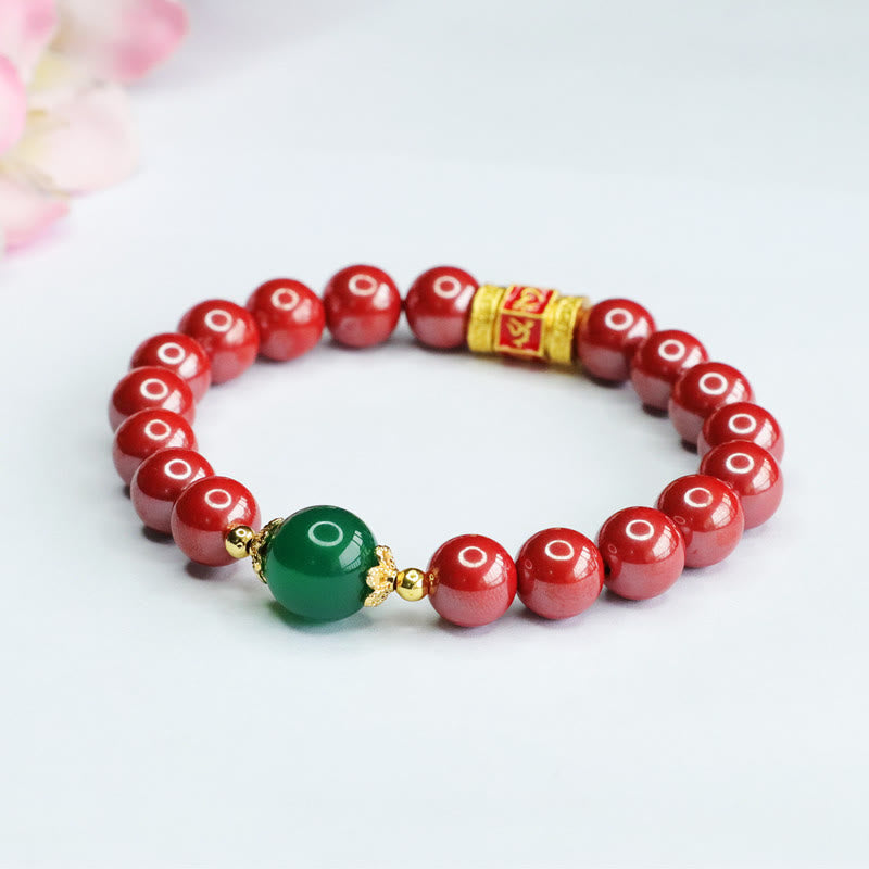 Buddha Stones Natural Cinnabar Green Agate Om Mani Padme Hum Pattern Blessing Bracelet - image 4