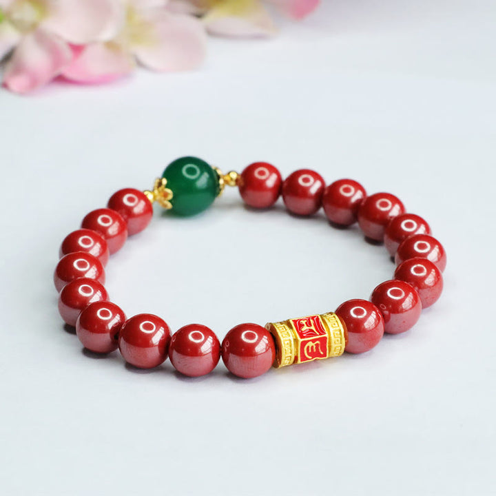 Buddha Stones Natural Cinnabar Green Agate Om Mani Padme Hum Pattern Blessing Bracelet - image 7
