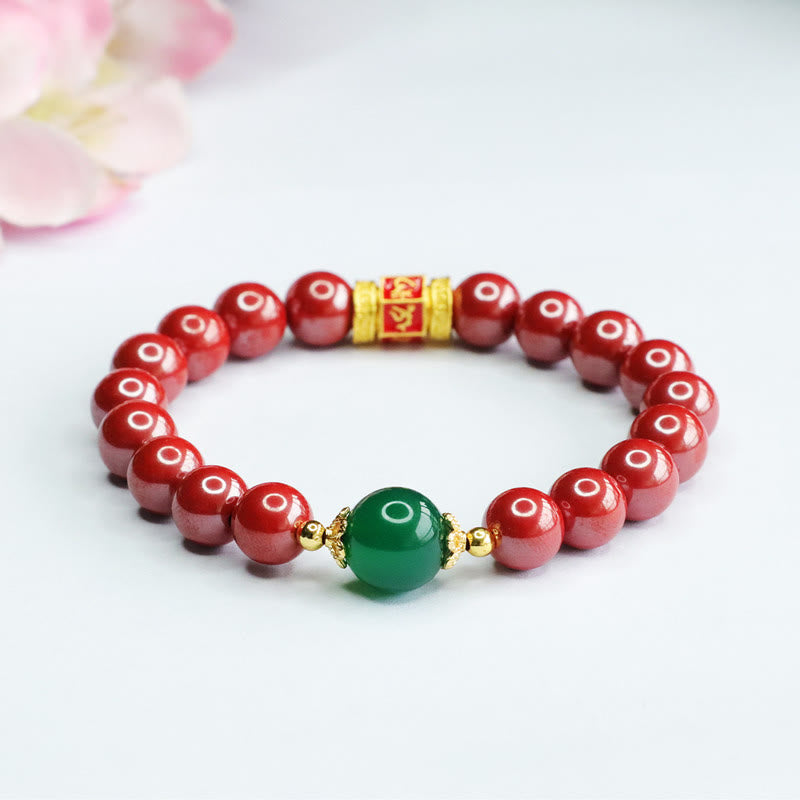 Buddha Stones Natural Cinnabar Green Agate Om Mani Padme Hum Pattern Blessing Bracelet - Cinnabar(Wrist Circumference: 14-16cm) - image 0