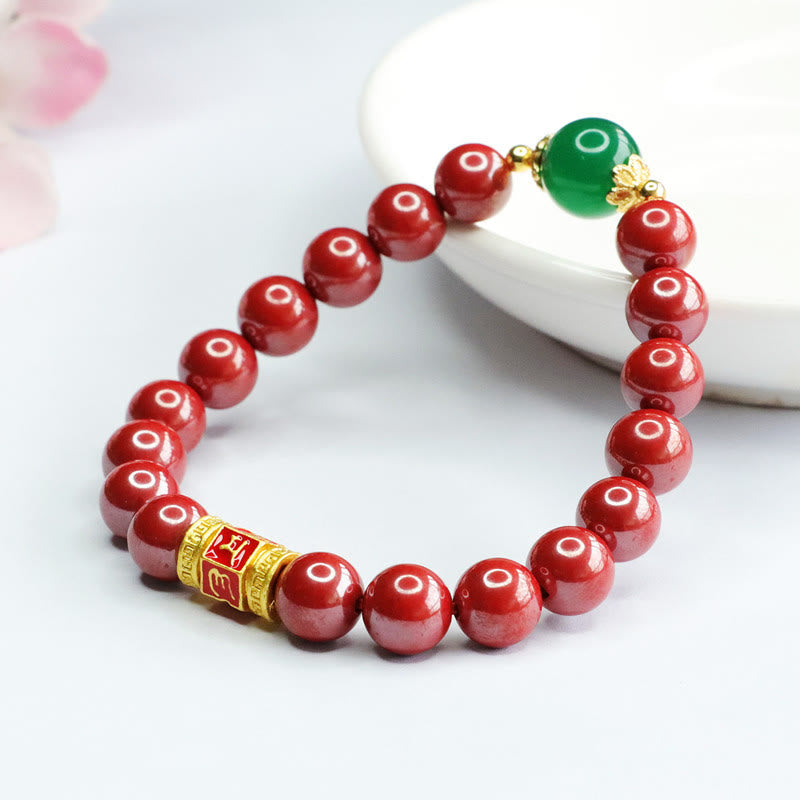 Buddha Stones Natural Cinnabar Green Agate Om Mani Padme Hum Pattern Blessing Bracelet - image 9