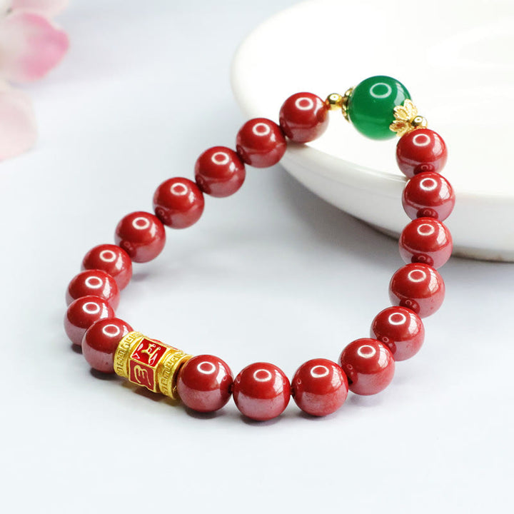 Buddha Stones Natural Cinnabar Green Agate Om Mani Padme Hum Pattern Blessing Bracelet - image 9