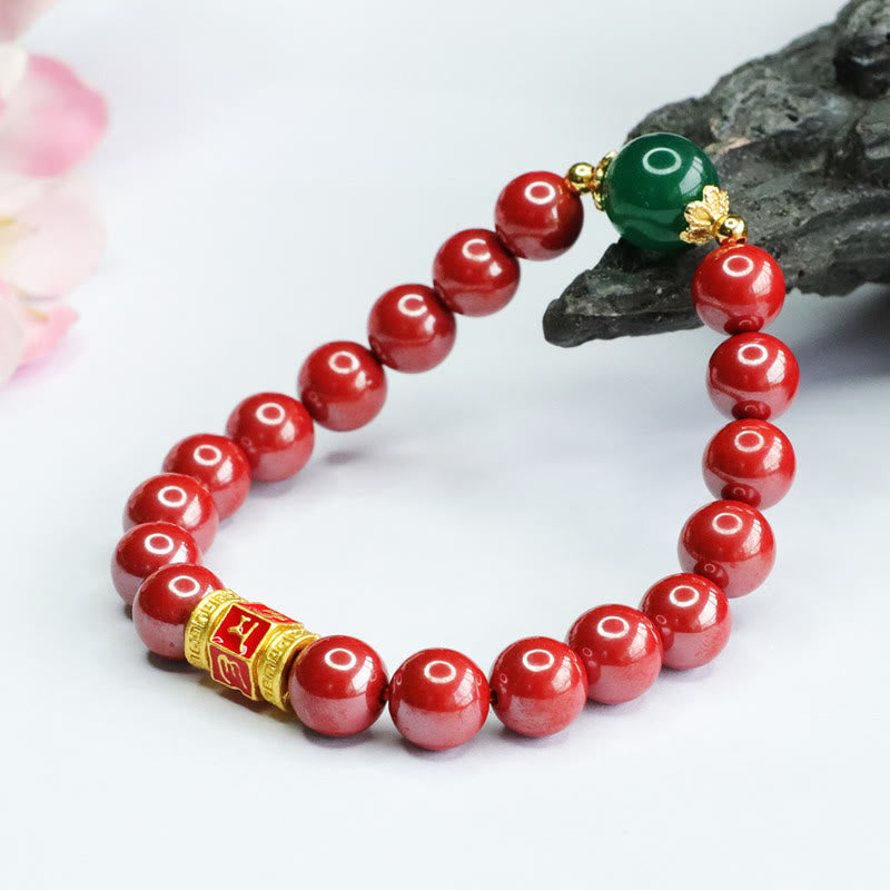 Buddha Stones Natural Cinnabar Green Agate Om Mani Padme Hum Pattern Blessing Bracelet - image 3