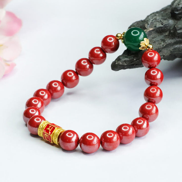 Buddha Stones Natural Cinnabar Green Agate Om Mani Padme Hum Pattern Blessing Bracelet - image 3
