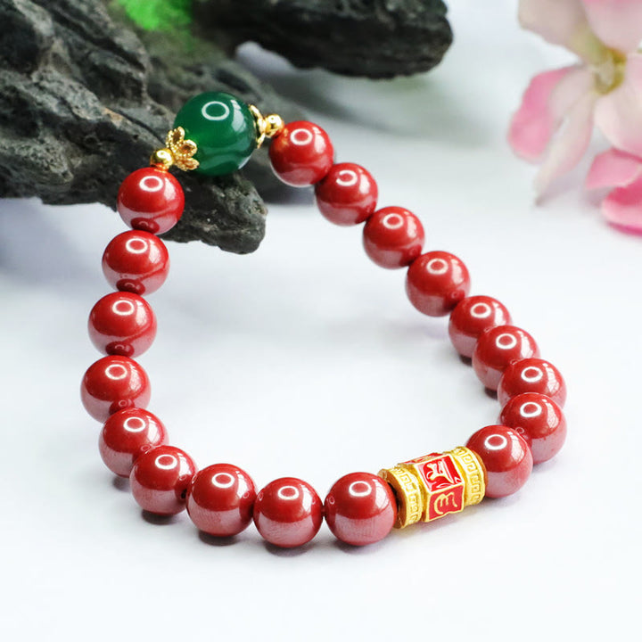 Buddha Stones Natural Cinnabar Green Agate Om Mani Padme Hum Pattern Blessing Bracelet - image 8