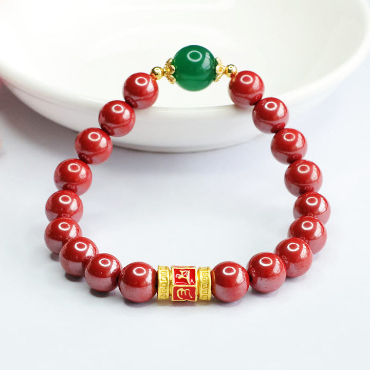 Buddha Stones Natural Cinnabar Green Agate Om Mani Padme Hum Pattern Blessing Bracelet - image 2