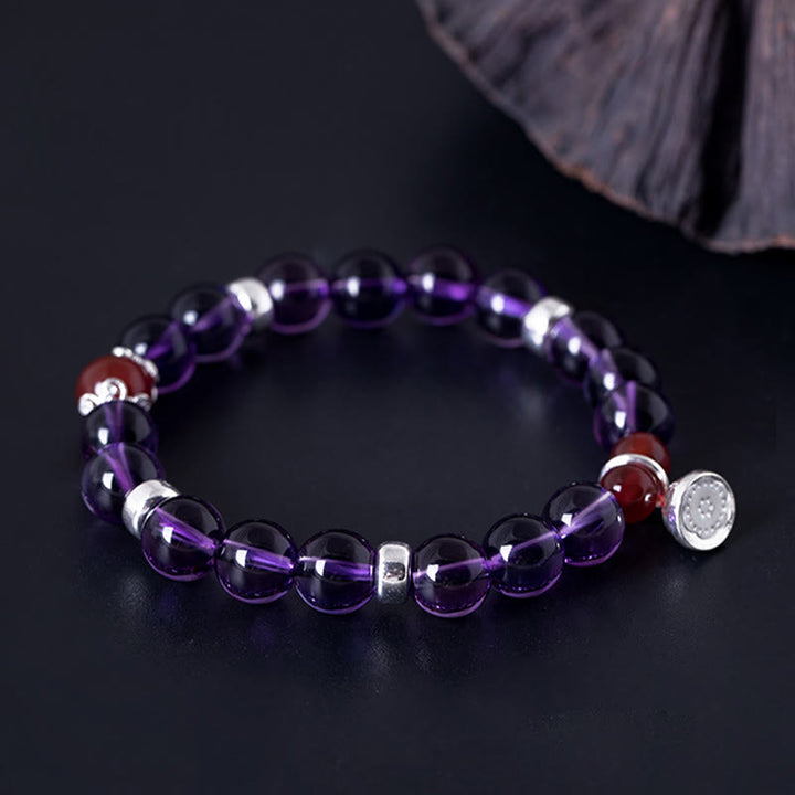 Buddha Stones 925 Sterling Silver Natural Amethyst Red Agate Lotus Positive Bracelet - image 4