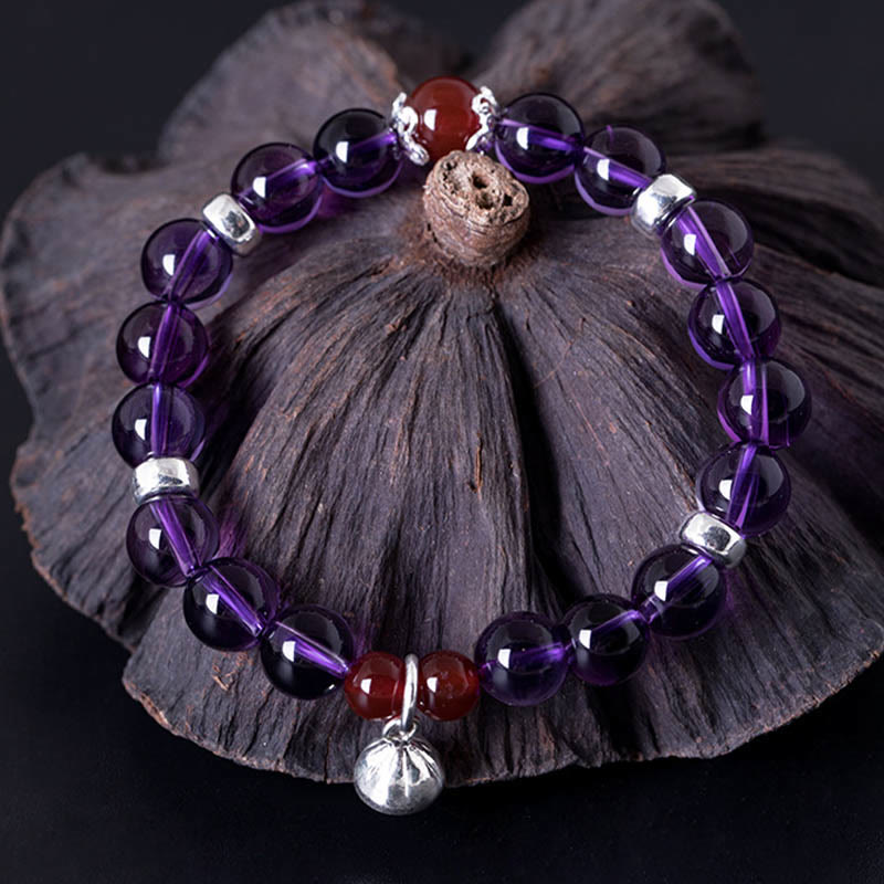 Buddha Stones 925 Sterling Silver Natural Amethyst Red Agate Lotus Positive Bracelet - image 1