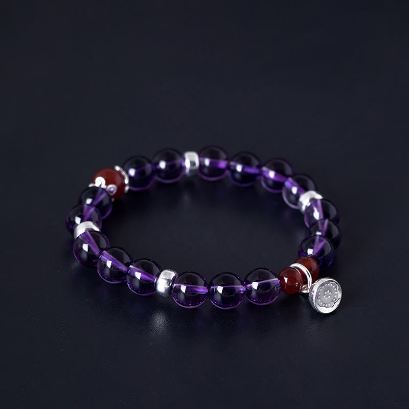 Buddha Stones 925 Sterling Silver Natural Amethyst Red Agate Lotus Positive Bracelet - image 9