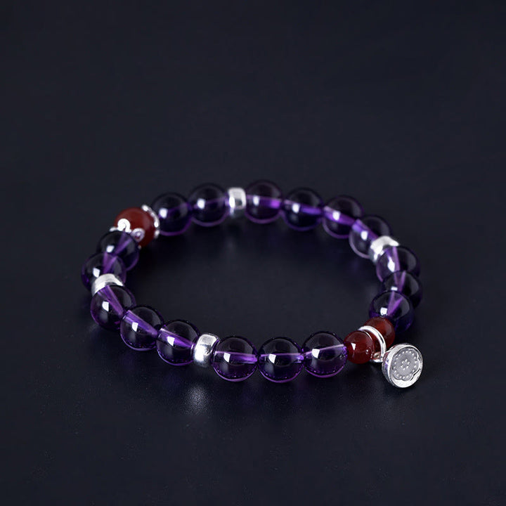 Buddha Stones 925 Sterling Silver Natural Amethyst Red Agate Lotus Positive Bracelet - image 9
