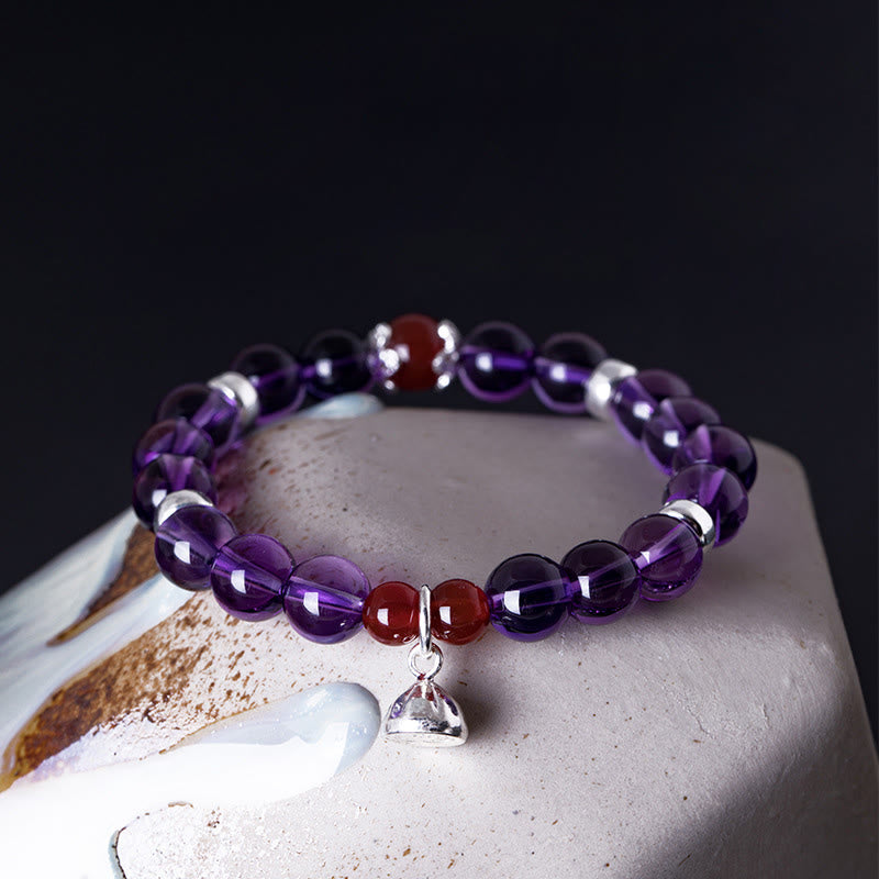 Buddha Stones 925 Sterling Silver Natural Amethyst Red Agate Lotus Positive Bracelet - image 2