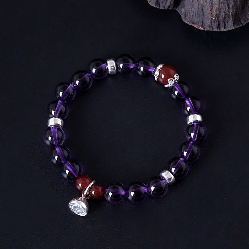 Buddha Stones 925 Sterling Silver Natural Amethyst Red Agate Lotus Positive Bracelet - Amethyst(Wrist Circumference: 14-16cm) - image 0