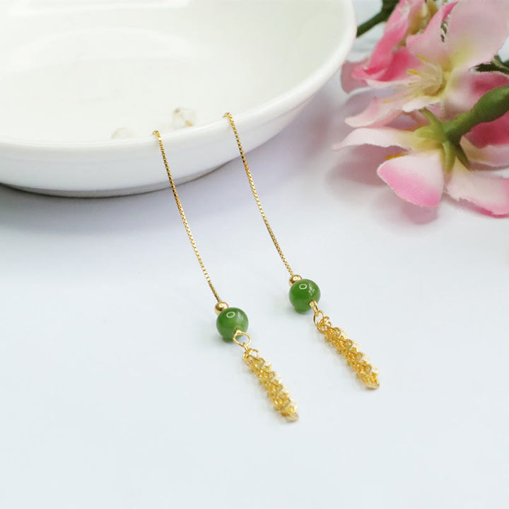 Buddha Stones 925 Sterling Silver Natural Hetian Cyan Jade Bead Luck Phoenix Tail Drop Earrings - image 1