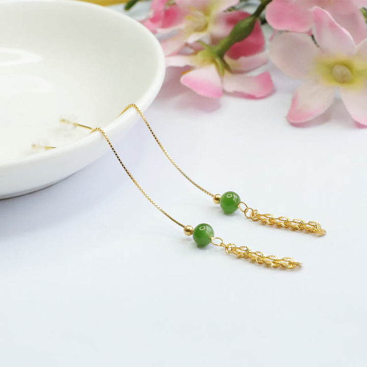 Buddha Stones 925 Sterling Silver Natural Hetian Cyan Jade Bead Luck Phoenix Tail Drop Earrings - image 11