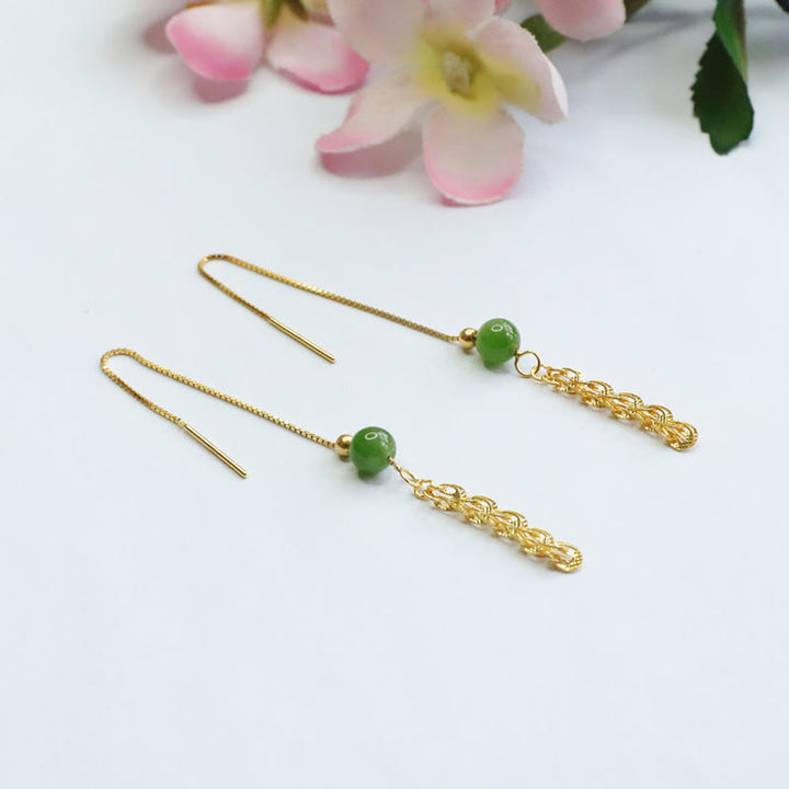 Buddha Stones 925 Sterling Silver Natural Hetian Cyan Jade Bead Luck Phoenix Tail Drop Earrings - image 8