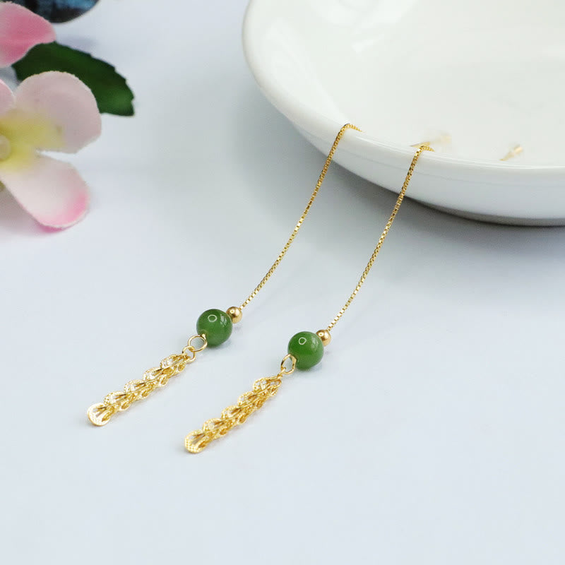 Buddha Stones 925 Sterling Silver Natural Hetian Cyan Jade Bead Luck Phoenix Tail Drop Earrings - image 9