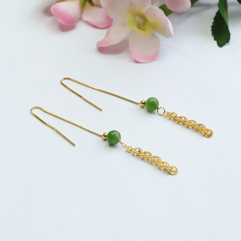 Buddha Stones 925 Sterling Silver Natural Hetian Cyan Jade Bead Luck Phoenix Tail Drop Earrings - image 8